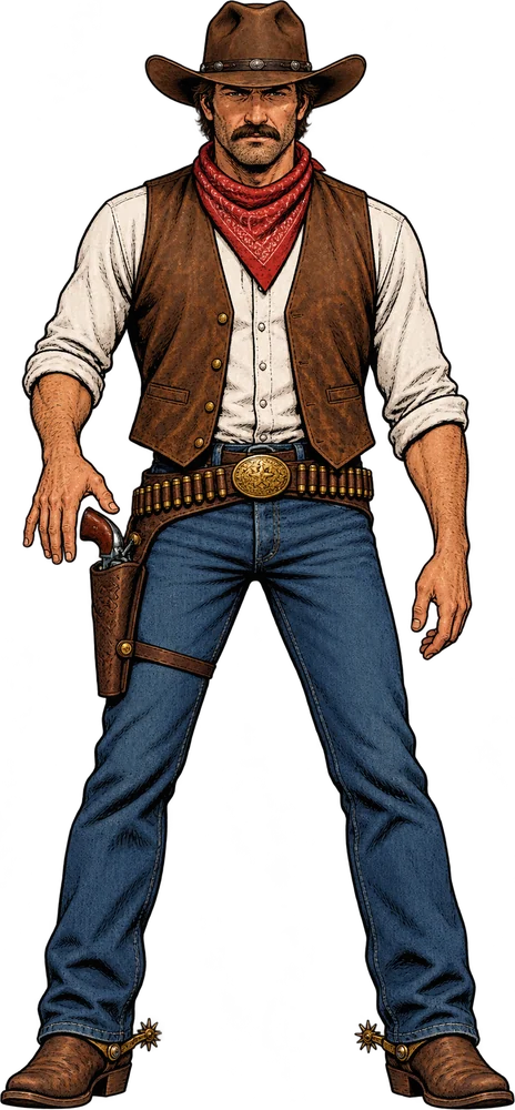 Langsamer Larry, Cowboy mit Weste und rotem Halstuch