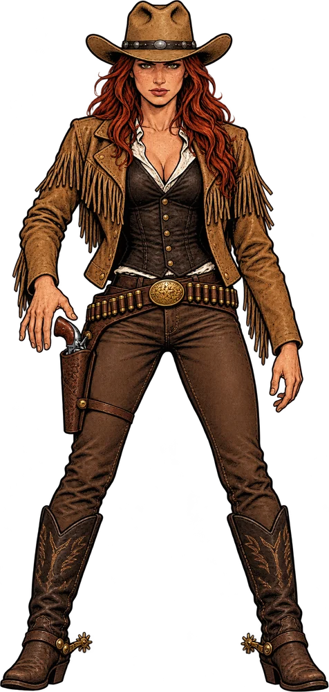 Calamity Rose, mit roten Haaren und Fransenjacke